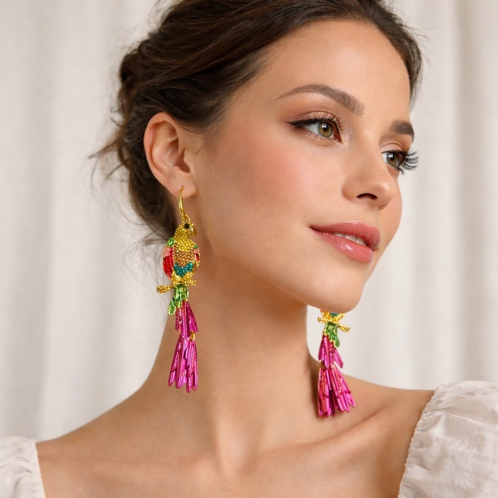 Statement Parrot Drop Earrings – Colorful & Hinged Movement